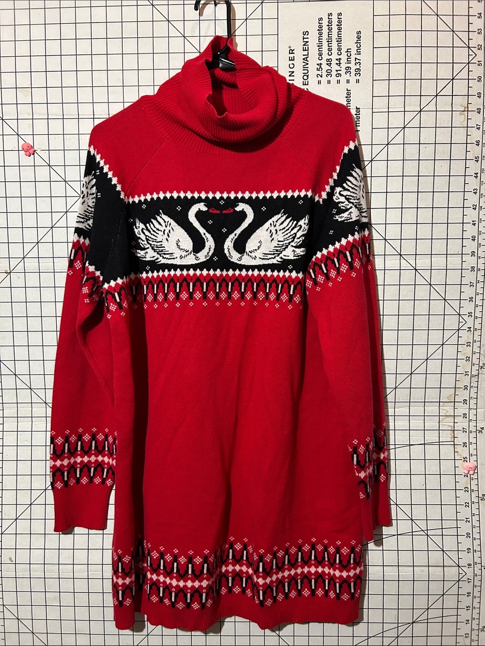 Nina x Rachel Antonoff Red Turtleneck Sweater Dress with Swan Fair Isle Motif